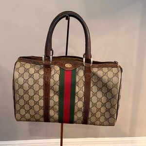 Authentic Gucci Brown & Beige GG Canvas speedy bag with Green-Red Web Stripe